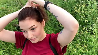 public open-air blowjob with regard to creampie from retrograde girl more the bushes - Olivia Moore